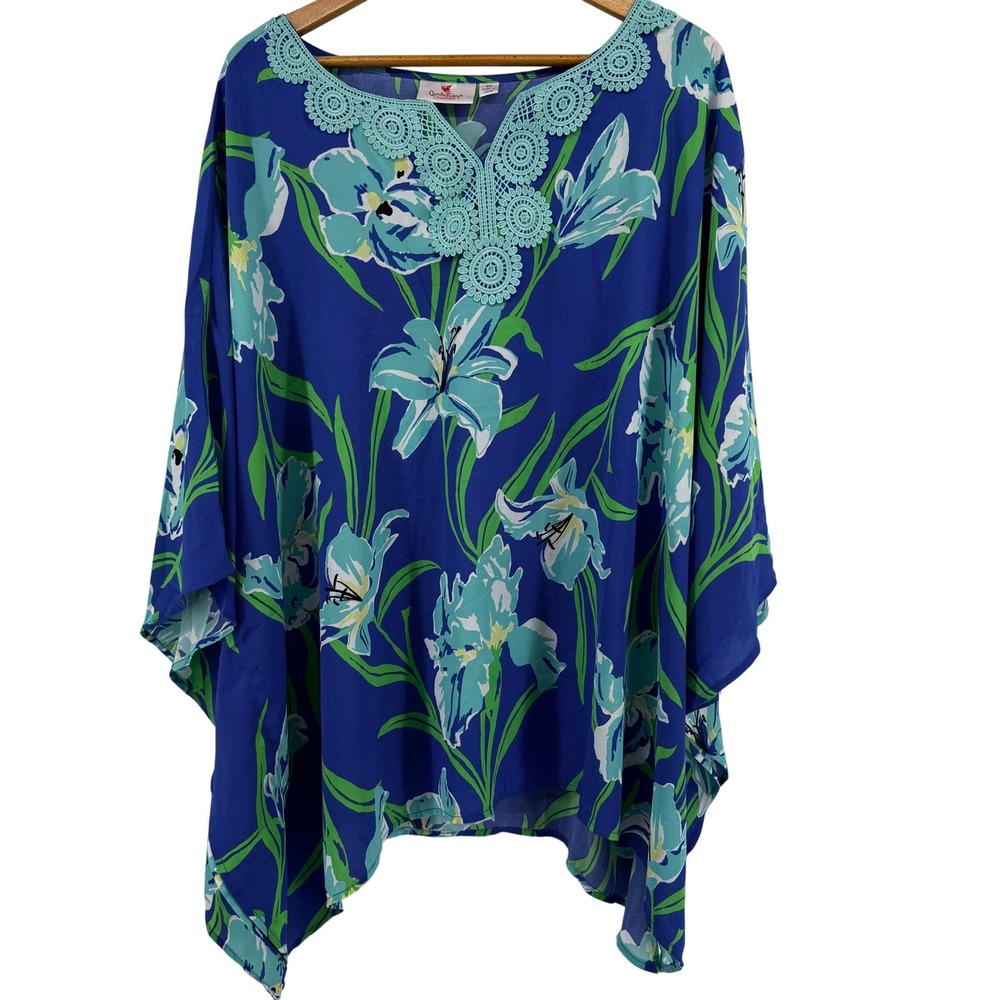 Quacker Factory Blue Floral Crochet Lace V-Neck Kaftan Blouse 3X Tunic Top Flowy